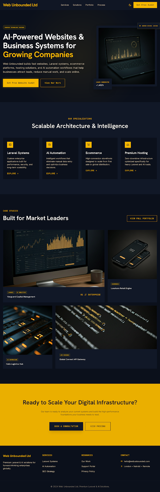 Web Unbounded homepage and dashboard design preview.